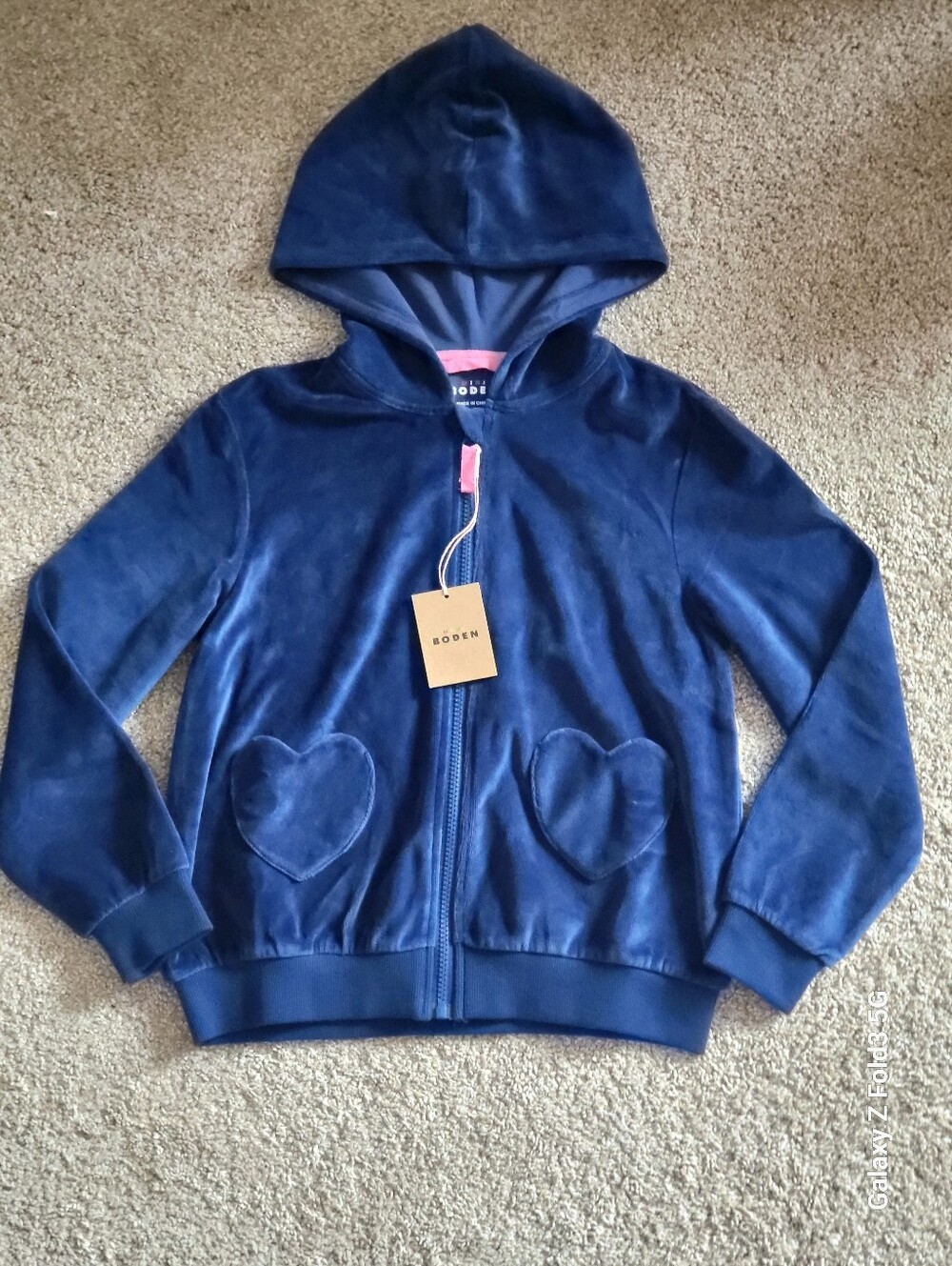 ♥️NWT♥️ Boden Girls Navy Velour Hoodie with Heart Patch Pockets